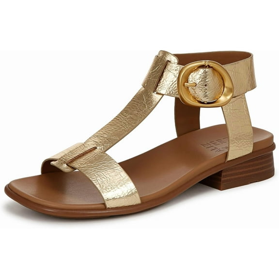 Naturalizer Women's Brandy T-Strap Buckles Low Block Heel Sandal Dark Gold Metallic 7M