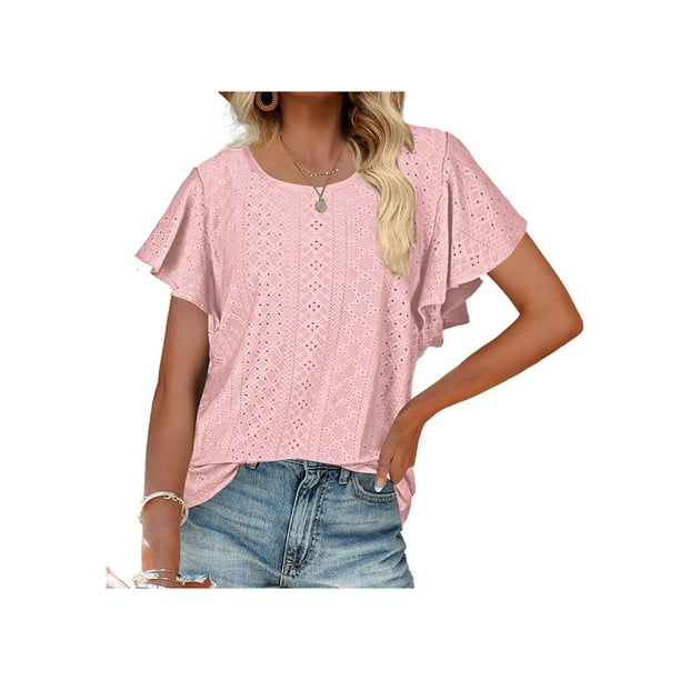 SAYOO Tops de mujer, cuello redondo con volantes, manga corta, ganchillo, hueco, suéter suelto, camiseta de color sólido SAYOO Moda