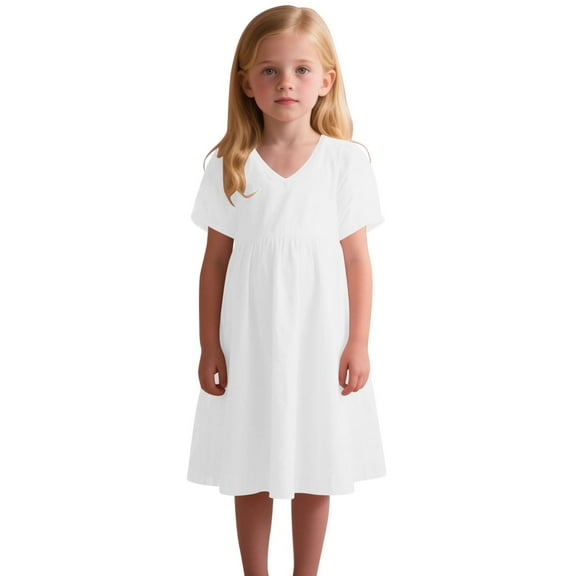 ZACPNCV Girls' Cotton Short Sleeve Dresses Casual Sundress White 5-6 Years