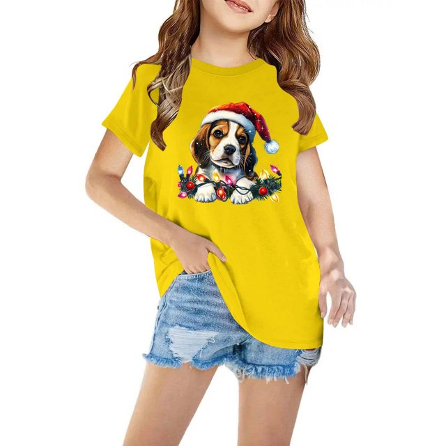 Zwiiyzr 2025 Chemises de Noël pour Garçons et Filles Mode Imprimée Décontractée Manches Courtes Col Rond Mignon Coton 3-10 Ans Jaune