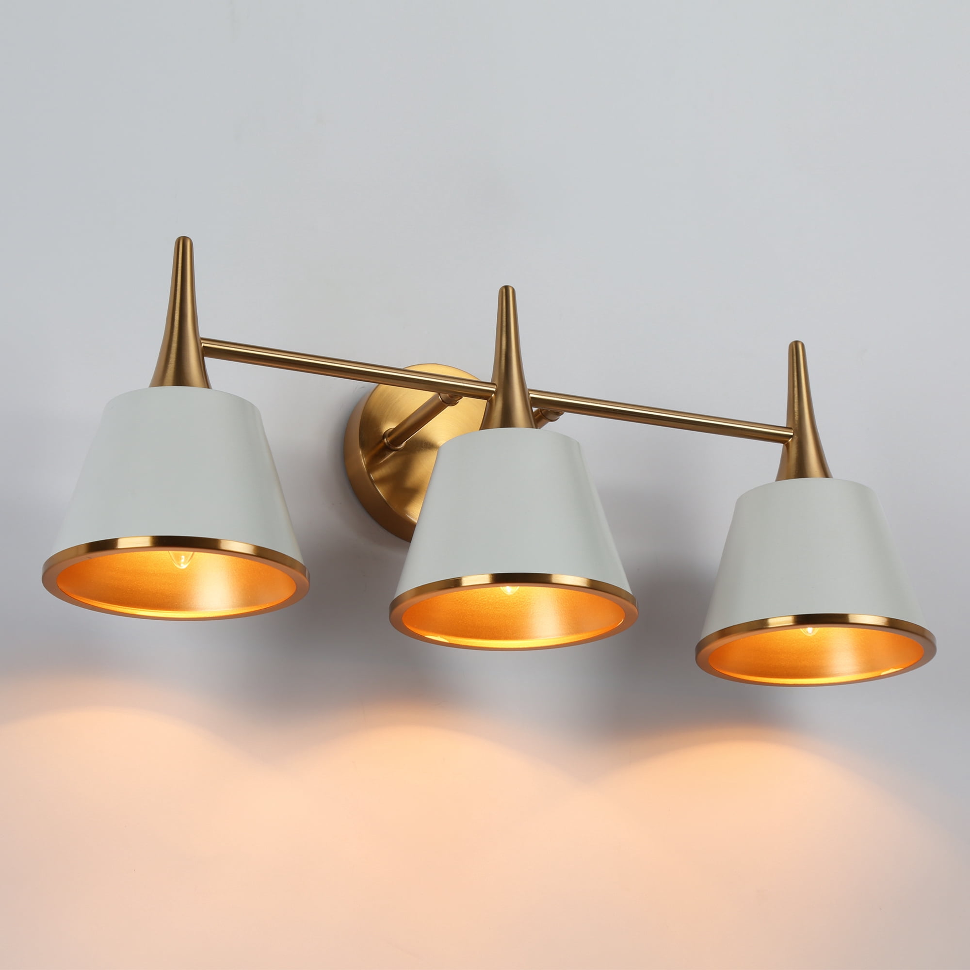 LNC White & Gold 3-Light Bathroom Vanity Light with Cone Shades, Dimmable, 22.5" W