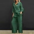 thumbnail image 2 of Enjoytime Plus Size 2 Piece Sets Solid Color Long Sleeve Button Down Shirt and Wide Leg Pants Fall Winter Loungewear Green XL, 2 of 6
