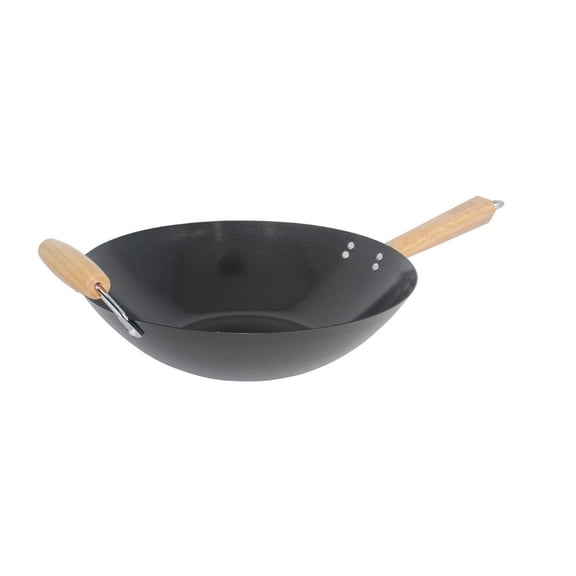 Imusa 14 inch Carbon Steel Traditional Wok with Wooden Side and Helper Handle, Black