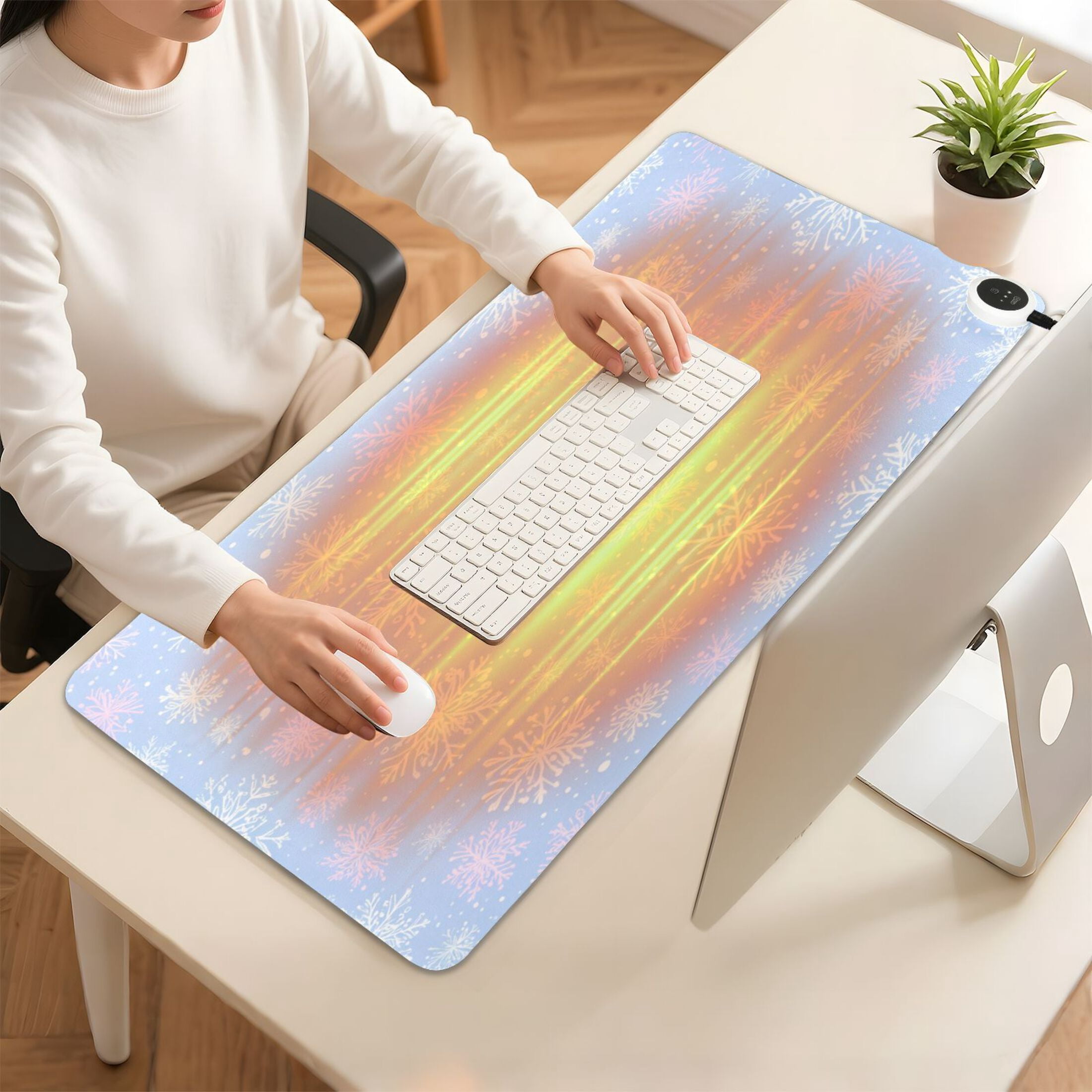 Large Heated Desk Mat Mouse Pad 31.5"x13"PU Leather Graphene Heating Desk Warmer with 3 Temperature Settings 110V US Plug Non-Slip Warm Pad for Home, Office, and Gaming Pale Blue Snowflakes Pattern