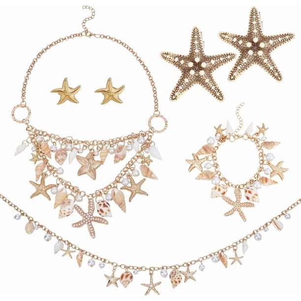 Juego de 5 joyas con pulseras, collares, aretes, pinzas para el pelo y conchas marinas hawaianas de verano.