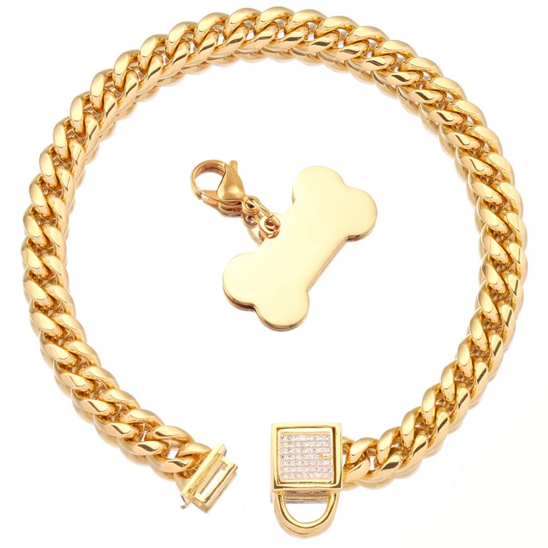 Gold Dog Chain Collars with Cubic Zirconia Locking Secure Buckle 10MM 18K  Metal Stainles Steel Miami Cuban Link Chain Walking Chew Proof Chain Collar