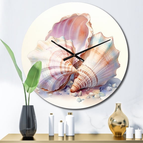 Designart "Watercolor White Seashells composition II" Animals Oversized Wall Clock