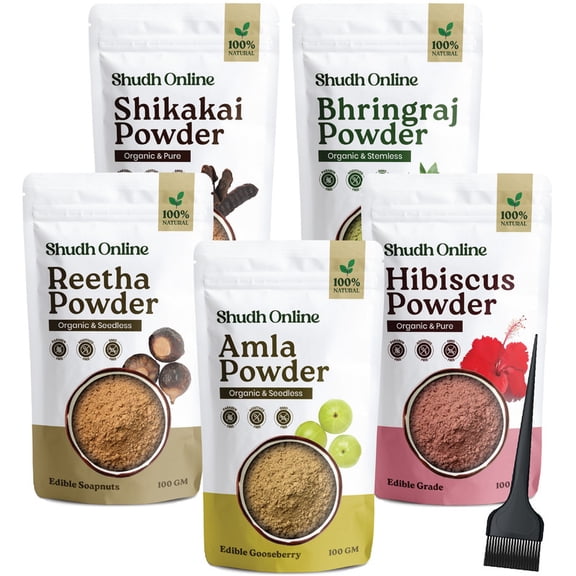 Herbal Hair Mask Powder Combo, Indian Ayurvedic Herbal Powder for Hair (17.7oz, 500g), Bhringraj, Hibiscus, Shikakai, Reetha, Amla Shampoo (3.5oz each)