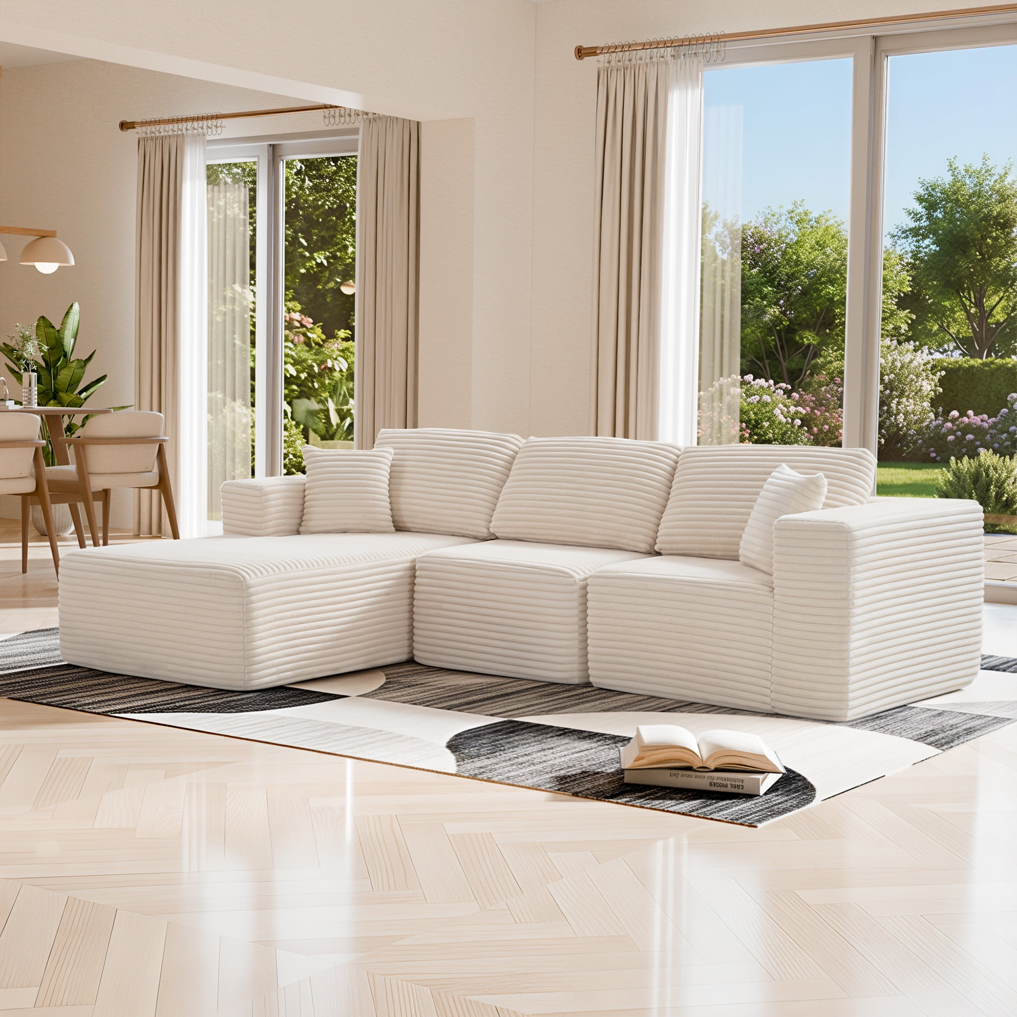 MAYEERTY Modern Corduroy Modular Sectional Sofa - Boneless Couch for Home, 104"W x 67"D Cream