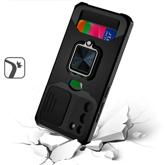 Designed for Samsung Galaxy S23 FE /Fan Edition 5G Hybrid Wallet Case with Ring Stand & Slide Camera Cover Credit Card Slot Holder Phone Case Cover [Black]