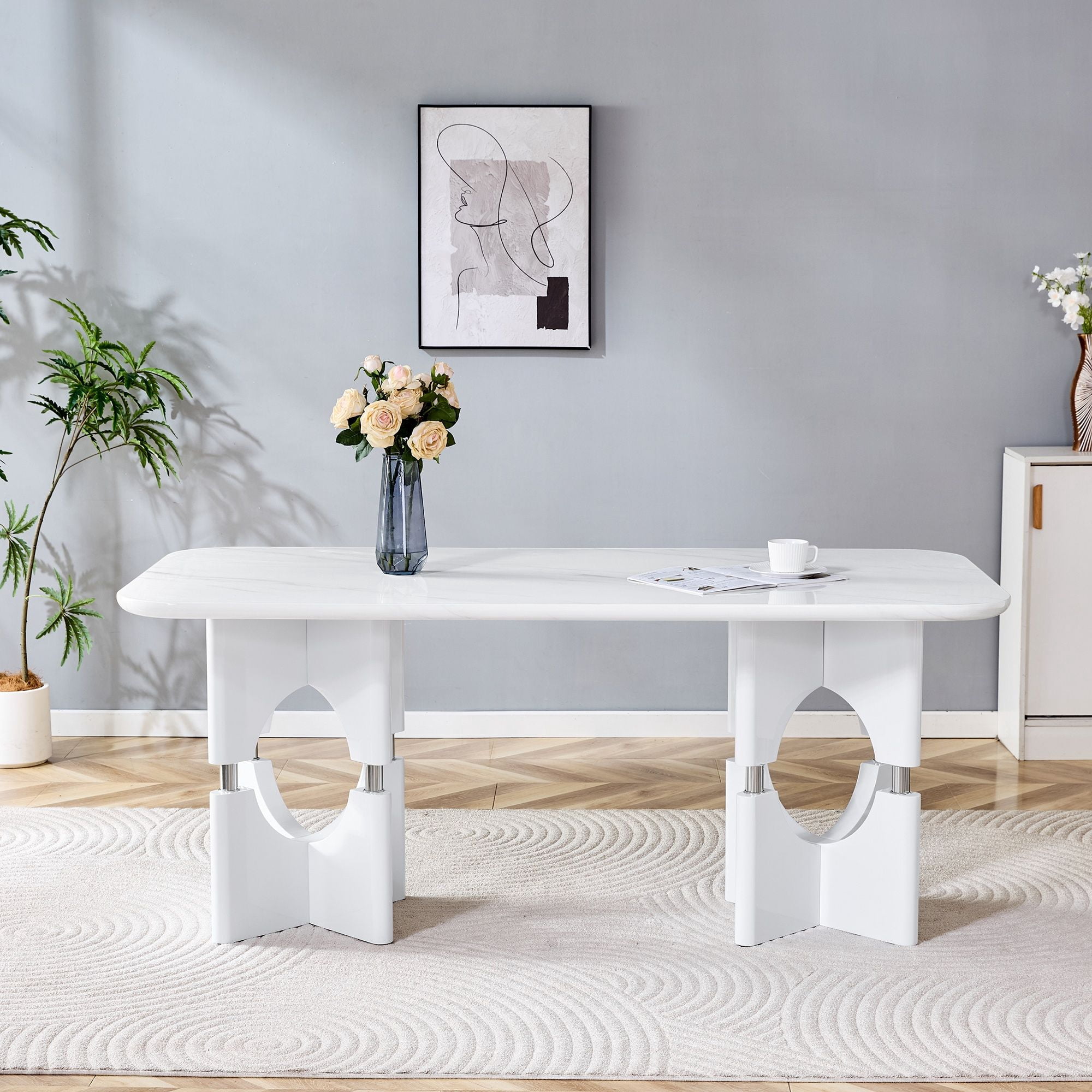 Alvantor 71" White Marble Pattern MDF Dining Table with Metal Frame