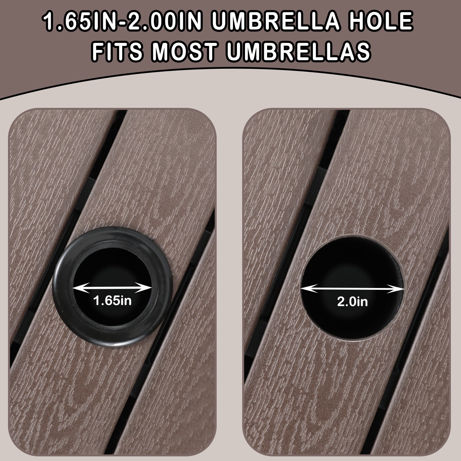 Umbrella Table with 2 Weight Bags Outdoor Patio Umbrella Side Table with Umbrella Hole Small Brown Wicker End Table for Outside Storage Coffee Table with Poly Lumber Top for Pool Garden Balcony Deck
