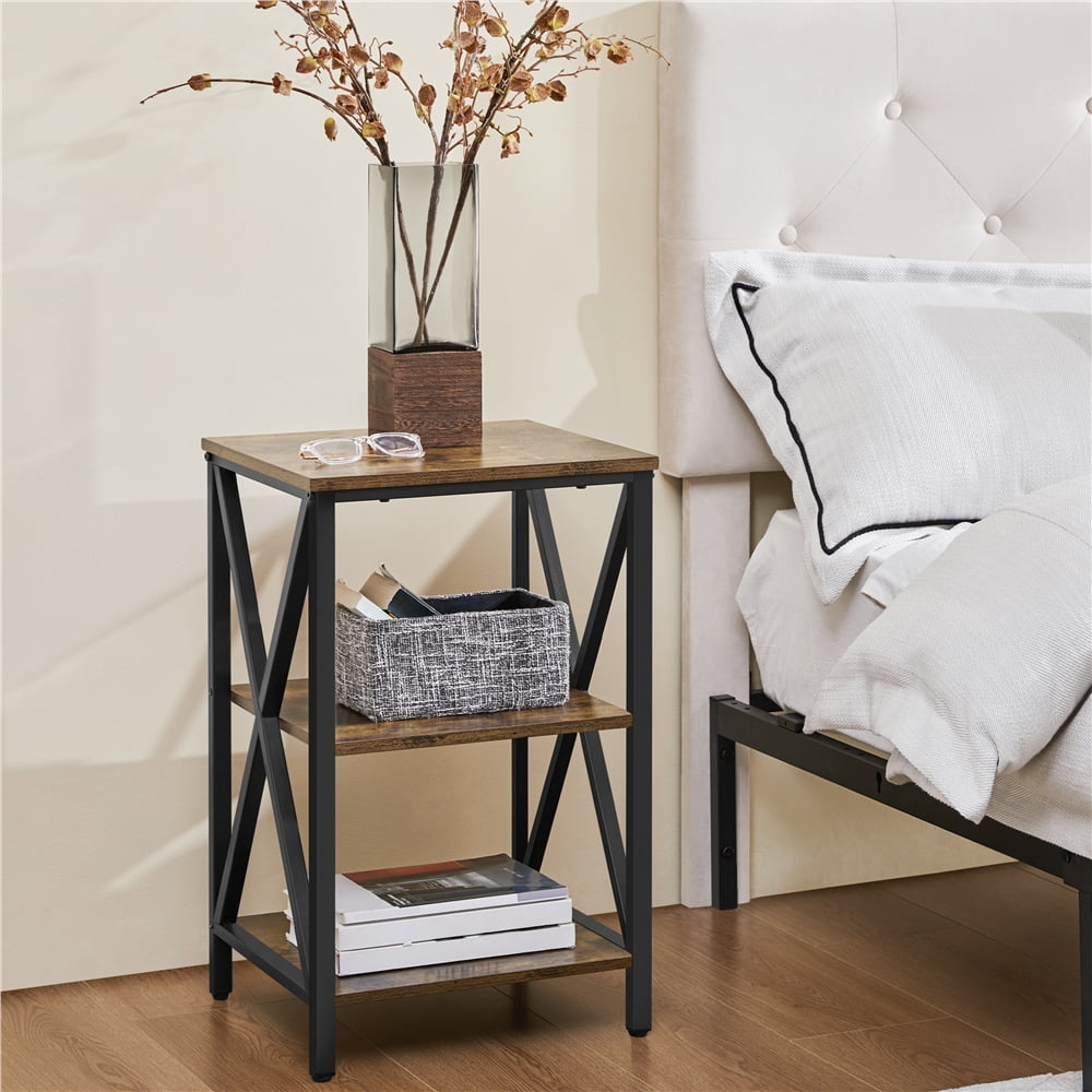 Alden Design Industrial 3-Tier Wooded End Table with Metal Frame for Living Room, Rustic Brown