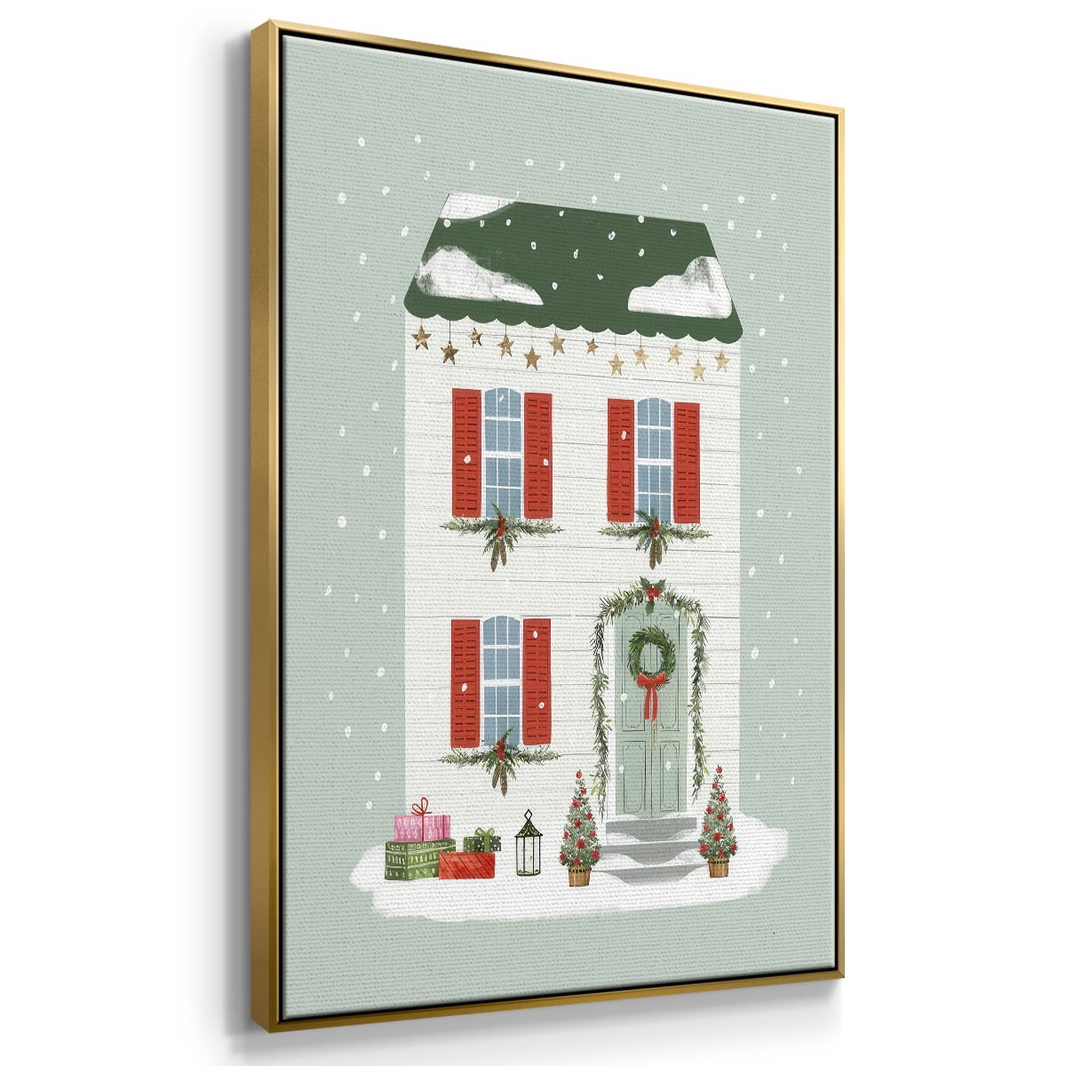 Festive Front Door IV - Framed Gallery Wrapped Holiday Canvas - 17 x 25 - Gold Frame