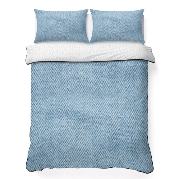 Quilts Full Size Bedding Set, Blue Burlap Texture Lightweight Quilted Comforter, Farmhouse Nature Linen Grain Soft Reversible Bedspread Coverlet with Pillow Covers for All Season, 78" x 90"