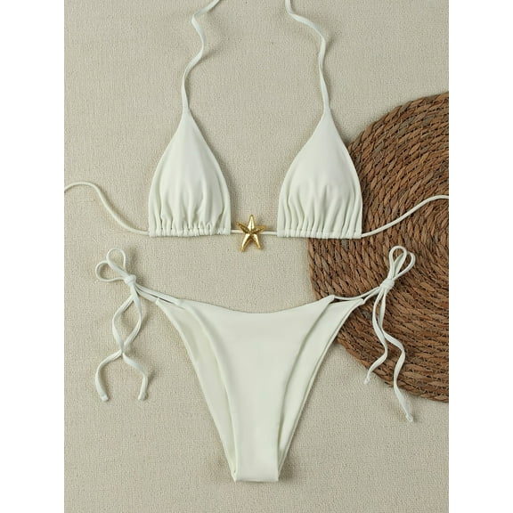 generic Bikini Set for Women Solid Color Halter Two Piece Swimsuits V Neck Tops Low Waisted Bottom Summer Swimwear Sets White M