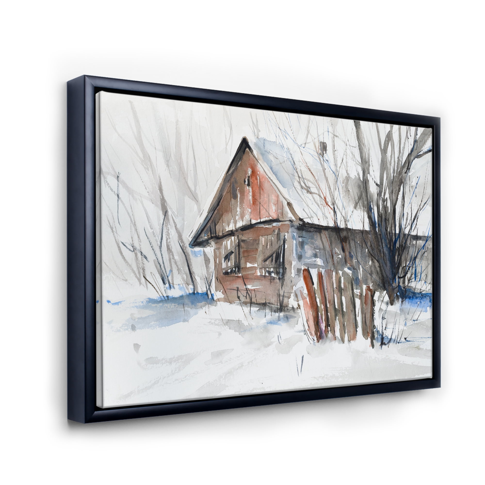 Designart 'Old Abandoned Wooden House In Winter Snow Picture' Traditional Framed Canvas Wall Art Print