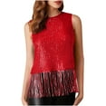 thumbnail image 2 of Sevevn Women's New Solid Color Crew Neck Pullover Sequin Fringe Casual Top New Year Savings Red M, 2 of 9