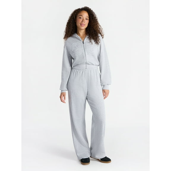 No Boundaries Embroidered Fleece Zip-Up Hoodie and Pants Set, 2-Piece, Women's XXS-4X