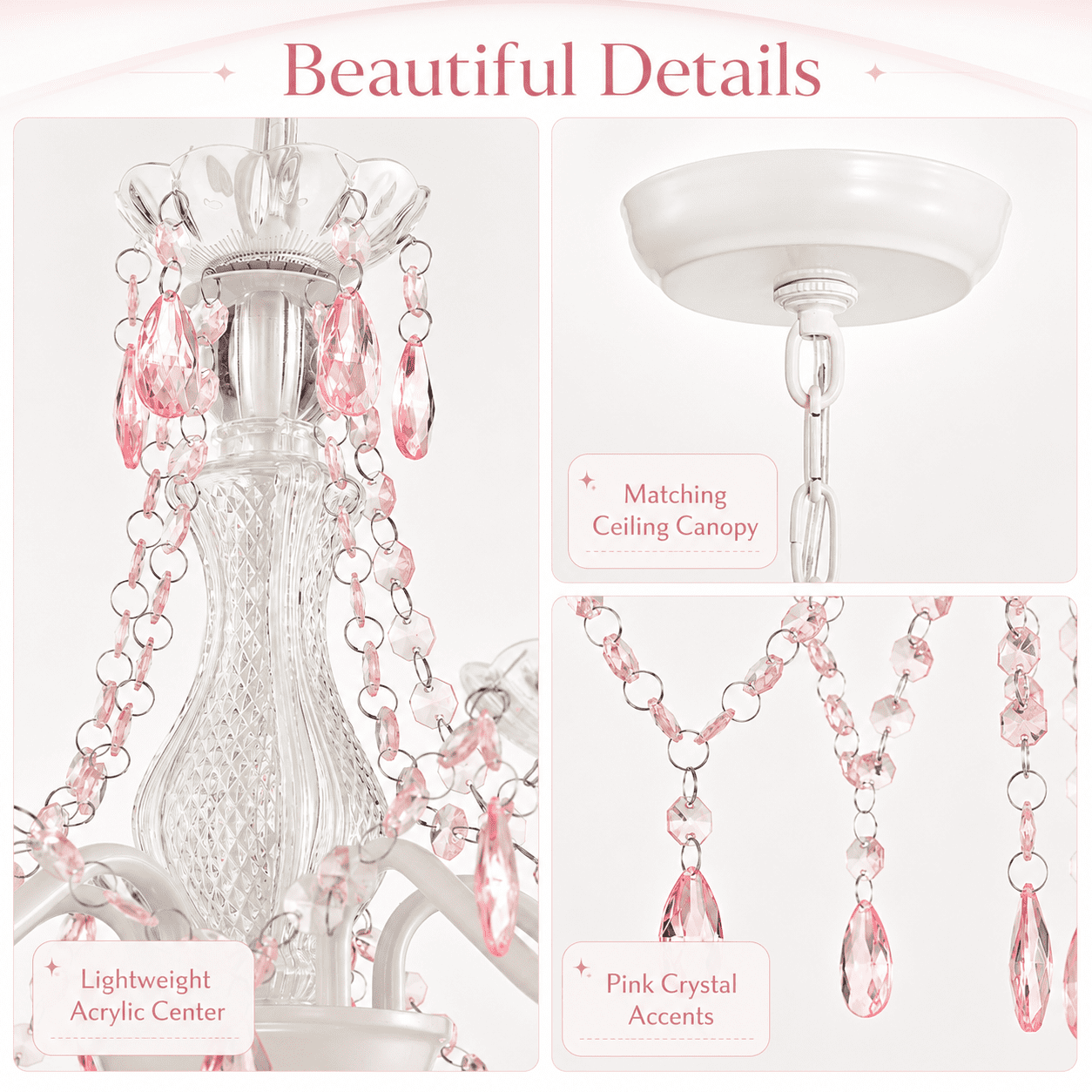 Small Crystal Chandelier 5-Light Pink and White Acrylic Chandelier Ceiling Light for Girls Bedroom Nursery Dining Room, E12 Base