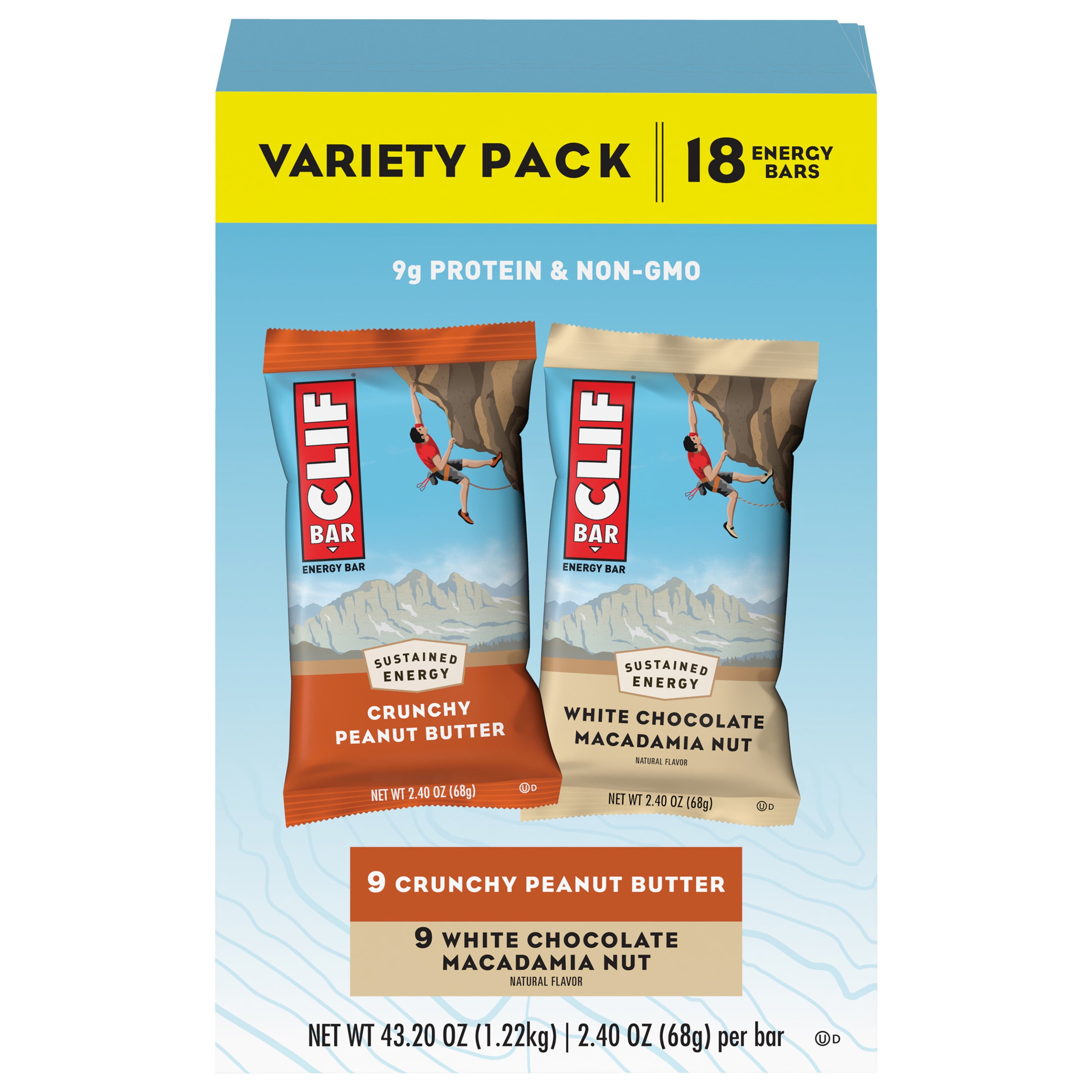 Clif Bar Energy Bars, Variety Pack, Crunchy Peanut Butter, White Chocolate Macadamia, 18 Ct, 2.4 oz