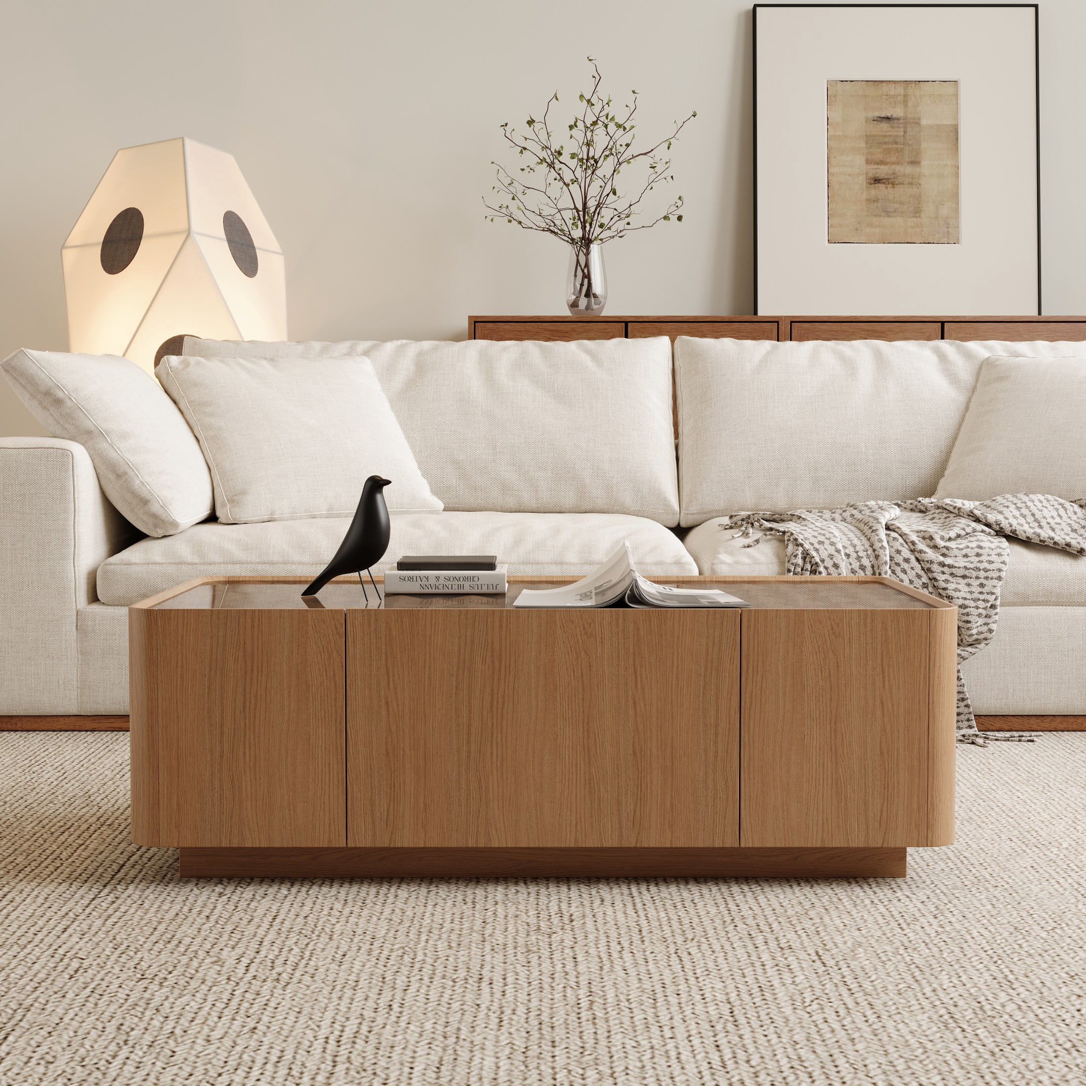 Noble House Millo 46.8" Rectangle Wooden Coffee Table with Tempered Glass Top & Storage Drawers for Living Room, Walnut