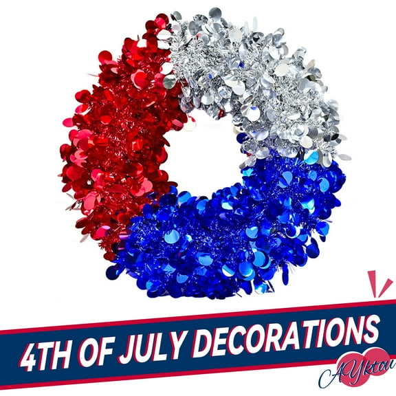 AYktou 4th of July Wreaths for Front Door- 4th of July Decorations Red White and Blue Wreaths Home Decor,9.8" Tinsel Door Wreath,Independence Day Flag Wreath for Memorial Day Decorations