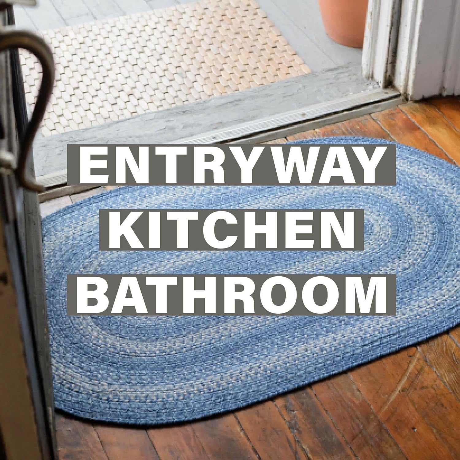 Homespice 20x30 Blue Rectangular Braided Rug. Denim Blue and White Jute Rug. Uses- Entryway Rugs, Kitchen Rugs, Bathroom Rugs. Reversible, Rustic, Country, Primitive, Farmhouse Decor Rug