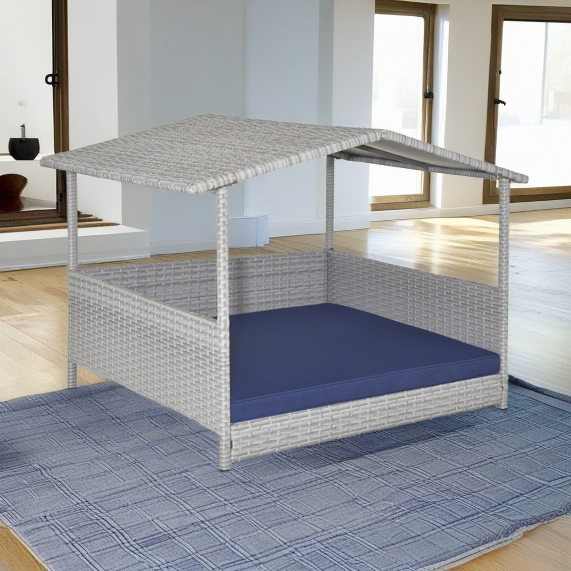 Pefilos 38" Pet Dog Bed Furniture with Provide Pet Mat, Outdoor PE Wicker Dog House for Cat and Dog with Waterproof Roof Kennel, Gray+Blue
