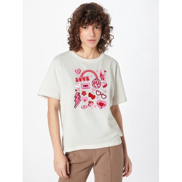 Women's Playful Valentine's Day T-Shirt - White, Short Sleeve, Round Neck with Vibrant Cartoon PrintCamisetas de verano para mujer, manga corta, cuello redondo, casual, lindo, con gráficos, camisetas