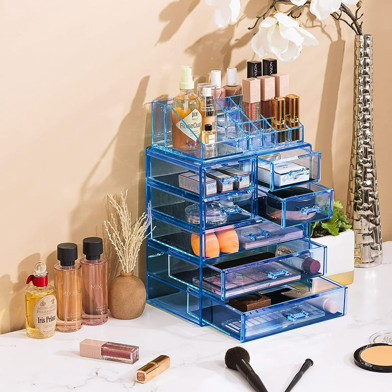 Acrylic Makeup Organizer - Cosmetic and Jewelry Storage Case Display -  2-Piece Women's Accessories Set with 7 Drawers and 16 Comportment Slots -  Blue