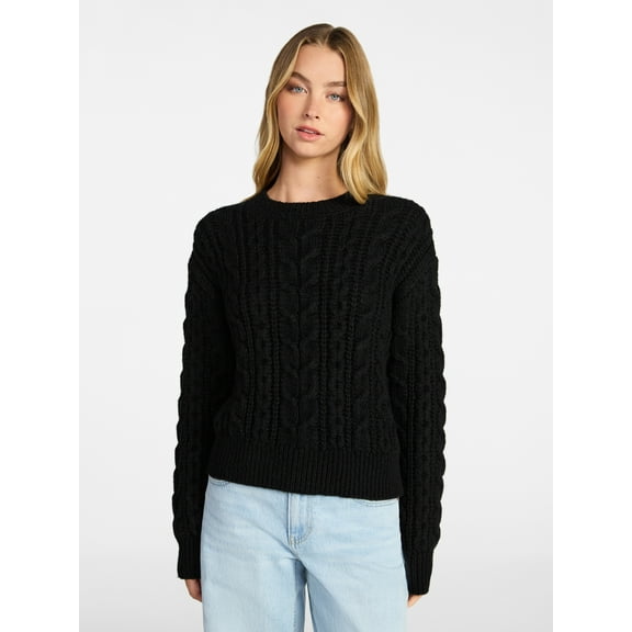 No Boundaries Cable Crewneck Drop Shoulder Sweater, Midweight, Women's XXS-XXL