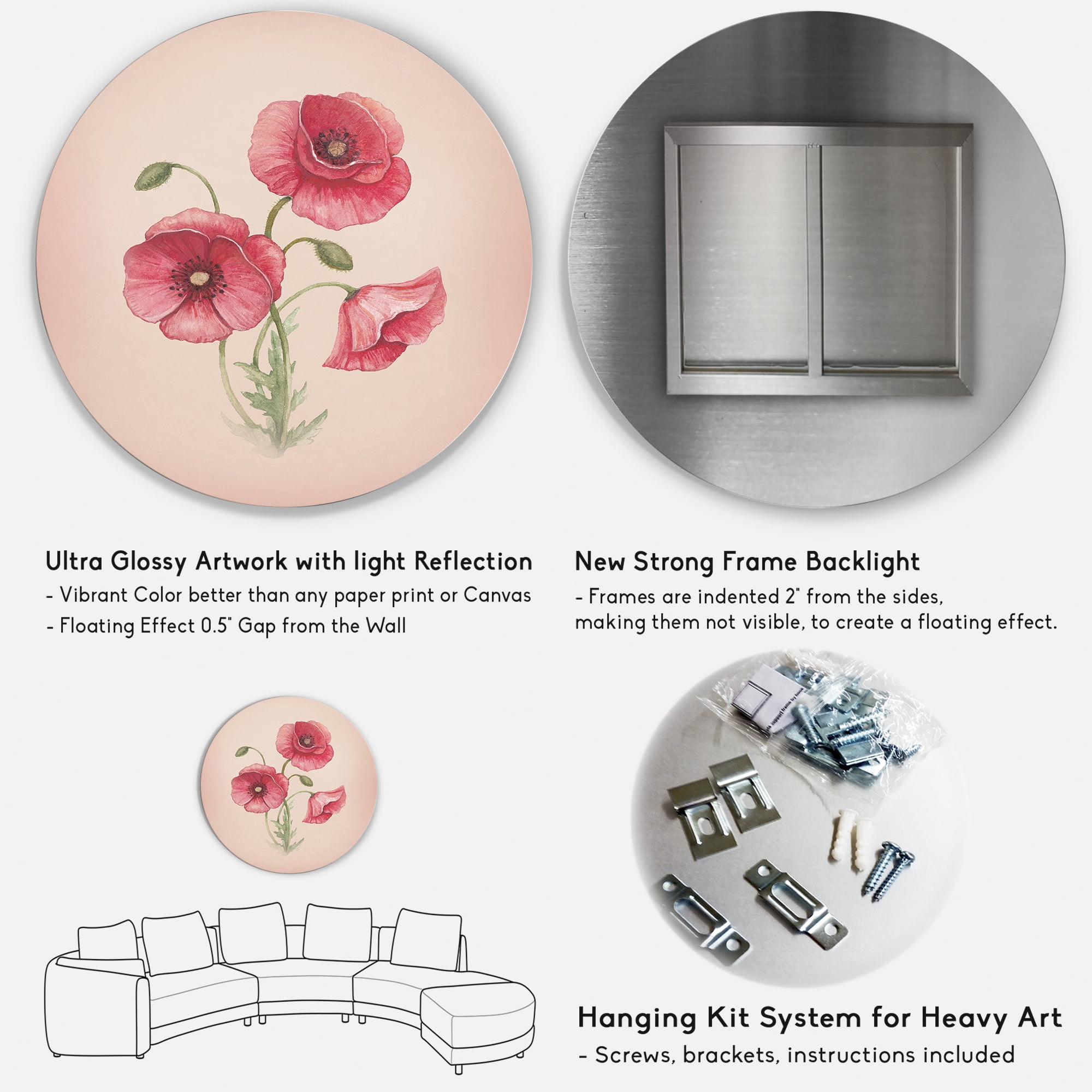 Designart 'Poppy Retro Flowers' Vintage Circle Metal Wall Art 11x11 - Disc of 11
