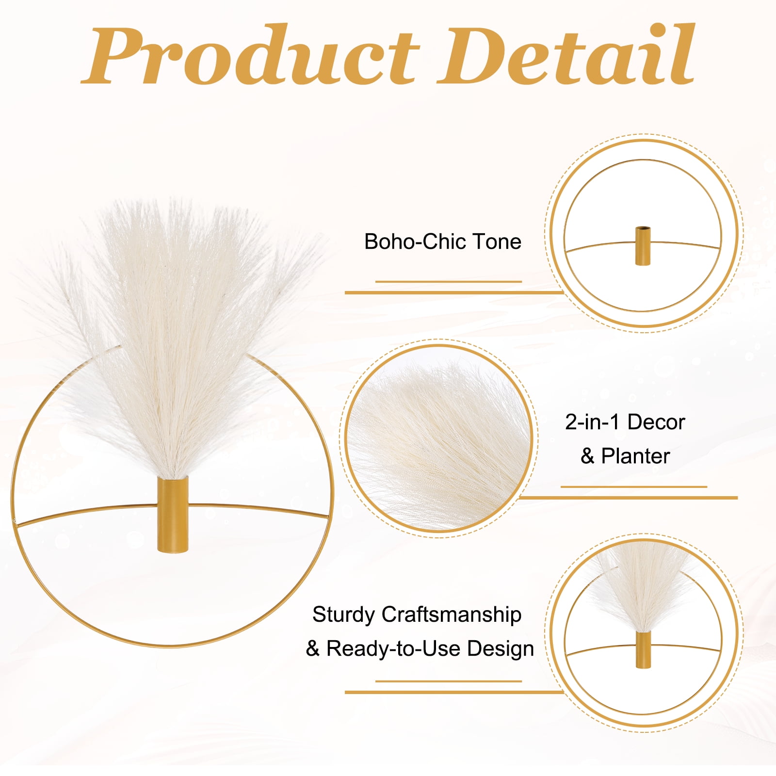 Uxcell 4 Pcs Wall Decor Metal Gold Wall Art Hanging Planters with Artificial Pampas, Wall-mounted Decor Metal for Display Artwork Plant Hanging Living Room Bedroom, Beige (Round)