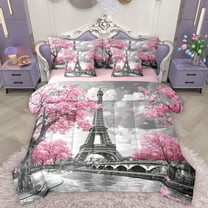 Homewish Pink Cherry Blossom 7-Piece Twin Bedding Sets,Paris Eiffel Tower Bedding Comforter Set,Chhic Classic Architecture Sheet Sets For Adults,Super Cozy Room Decor Reversible