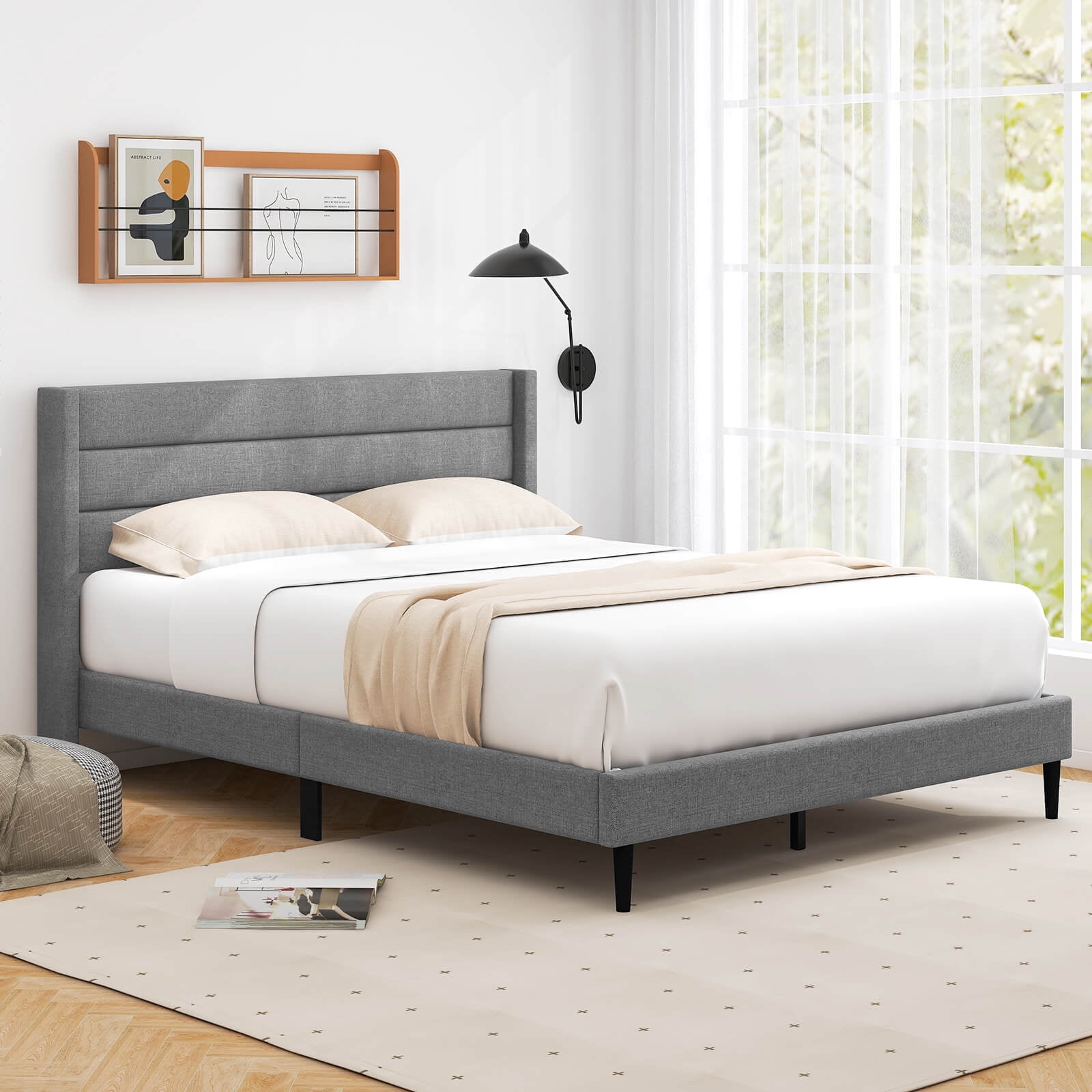 Infans Queen Bed Frame with Wingback Headboard Linen Upholstered Platform Bed Grey