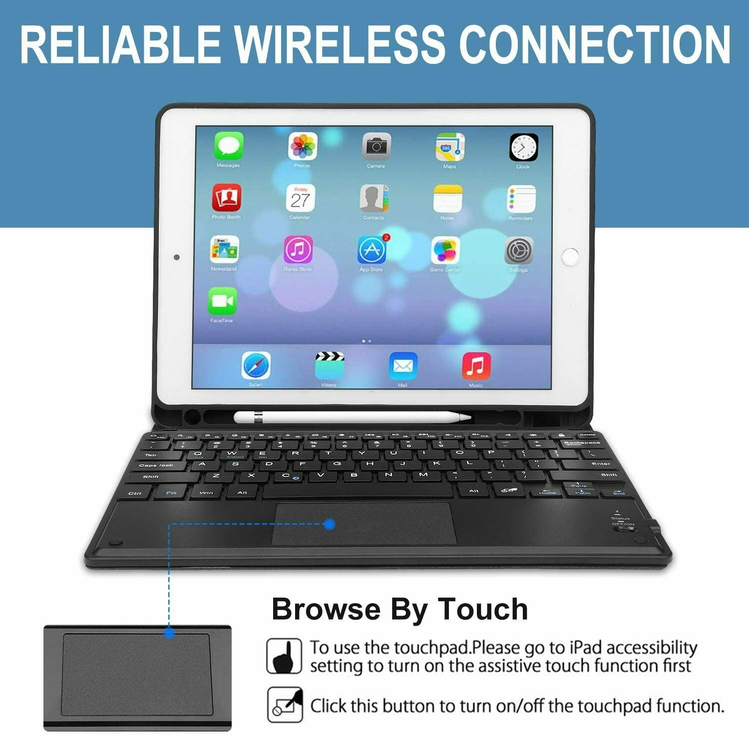 Kvago for iPad 7th & 8th Generation 10.2" TPU Keyboard Case,With Keyboard Touch-Pad,Built-in Apple Pencil Holder,Black