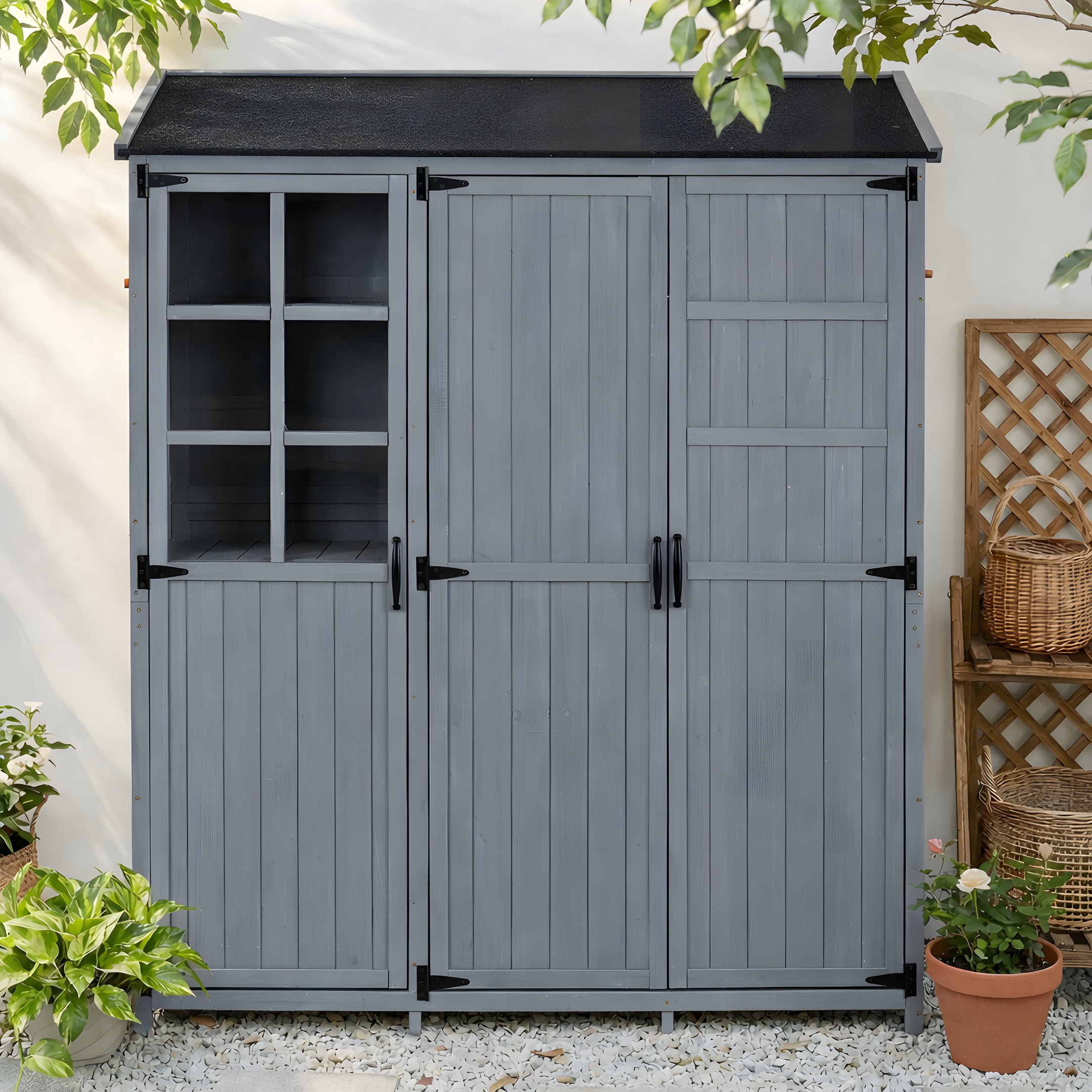 Harper & Bright Designs Patio Garden Shed Storage, Wood Outdoor Storage Cabine with Doors and Shelves Drawers, Tall Patio Shed with Workstation and Waterproof Roof for Backyard, Gray