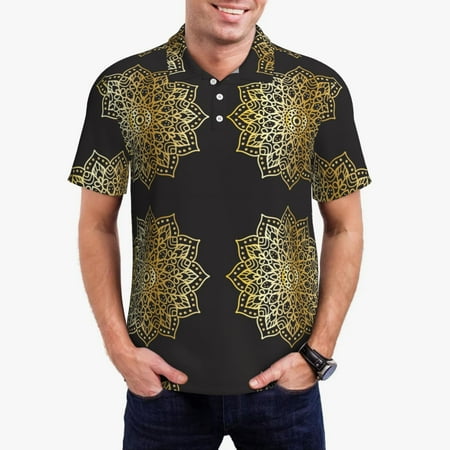 Logiee Gold Mandala Print Mens Polo Shirts Mens Golf Polo Shirts Short Sleeve Casual Polo Shirts for Men Summer Fashion Beach Shirts-Medium