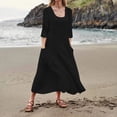 thumbnail image 3 of Leesechin Women's Cotton And Linen Long-Sleeved Dress Solid Color Round Neck Pocket Dress, 3 of 5