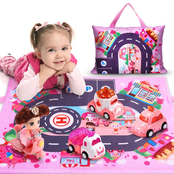 Juguetes para bebés para niñas de 1, 2 y 3 años, juego de 6 juguetes para automóvil con muñeca y tapete de juego/bolsa de almacenamiento para niñas de 1 a 3 años, juguetes para bebés de 12 a 18 meses,