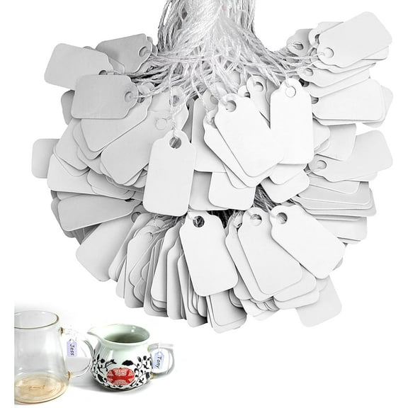 Price Tags with String Attached Labeling, 500 Pieces White Marking Tag Small Paper Price Labels Clothing Hanging Stickers Blank Strung Label Hang Tags for Pricing Jewelry Yard Sale Retail 1*0.5 Inch