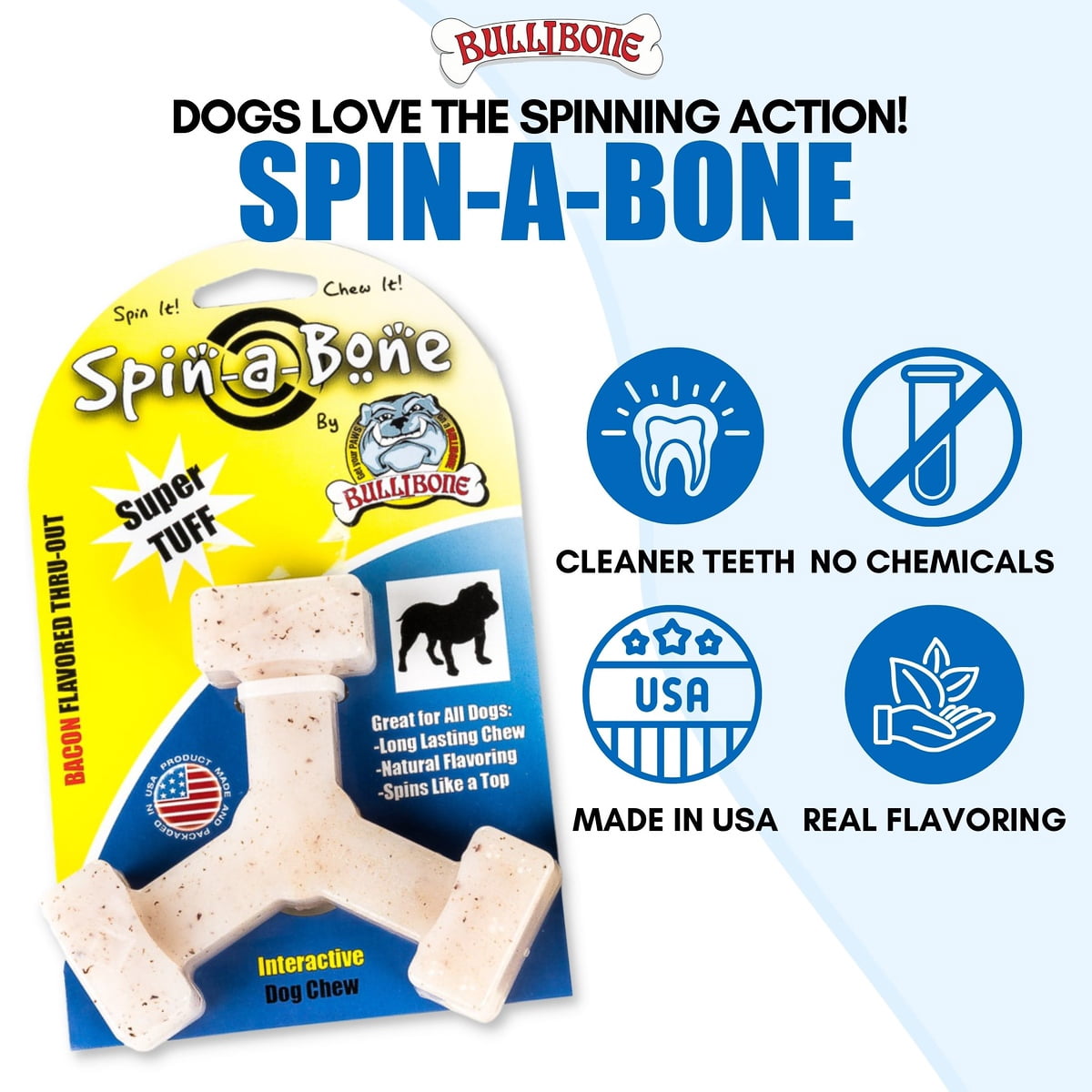 Bullibone Jumbo Bacon Spin-a-Bone Heavy Chewer Dog Bone - Interactive Dog Chew Toys, Triggers Natural Instincts, and Improves Oral Health - 2 Pack