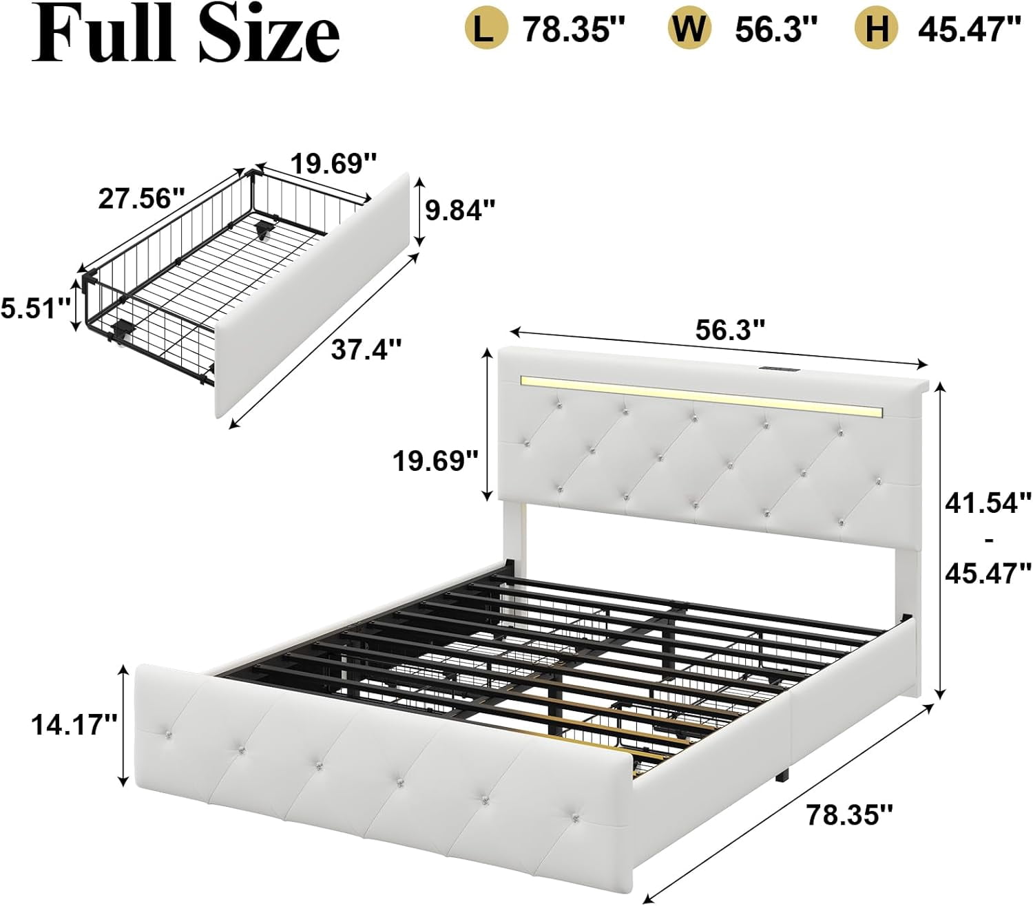 Gewnee Full‑Size PU Upholstered Bed Frame, 4 Large‑Capacity Drawers, 4‑in‑1 Charging Station, Adjustable Headboard, Adjustable Color, for Bedrooms, No Box Spring Required, White