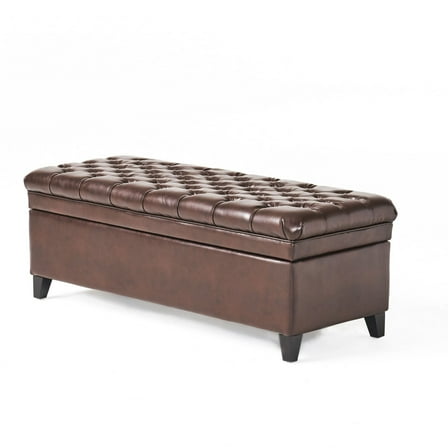 Benjara Rhya Storage Ottoman Bench- Brown Faux Leather- Black Wood- 50 Inch