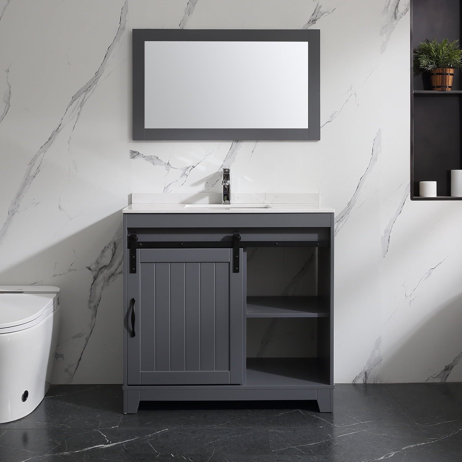 Wonline 36inch Grey Bathroom vanity with Sink Set Bath Vanity with Mirror and Faucet for Modern Style (backsplash include)