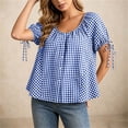 thumbnail image 4 of Edvintorg Button Up Shirt Women Plaid Printed Crew Neck Short Sleeve Loose Casual Blouses Summer Tops for Women Blue L, 4 of 8