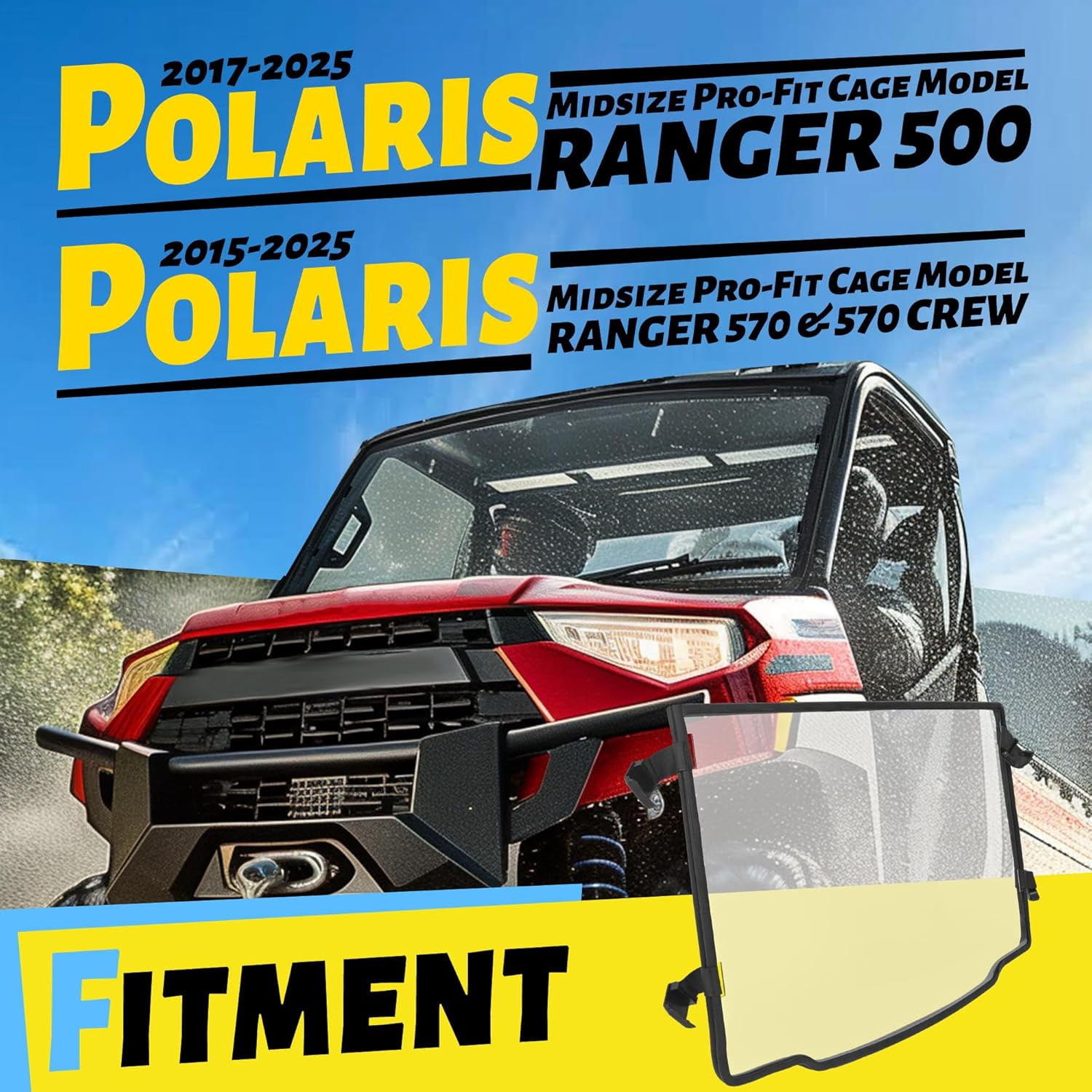 KOJEM Full Windshield Fit for 2015-2023 Polaris Ranger 500 / 570 Midsize Profit Cage UTV Front Windshield Windscreen Clear Scratch Resistant
