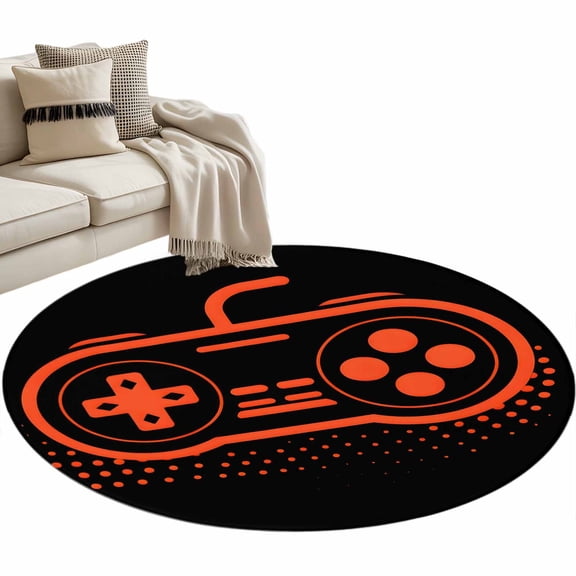 Round Area Rug 3ft Video Games Controller Floor Carpets Indoor Floor Area Mat Stain-Proof Mat Circle Rugs for Living Room Dining Room Kitchen Bedroom, Black Orange Gaming Console Sofa Throw Carpet