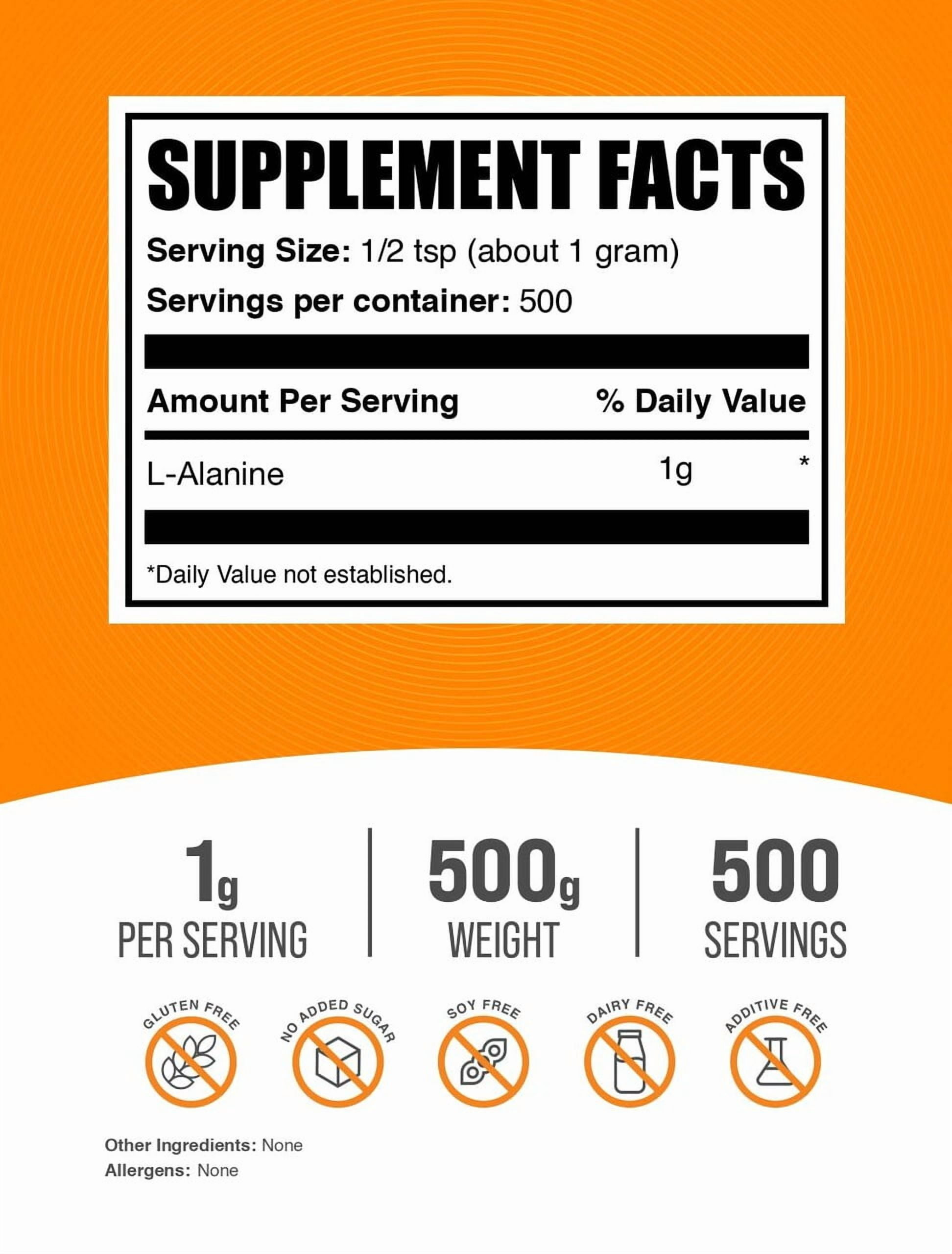 BulkSupplements L-Alanine Powder - 1g per Serving - 500 Grams (1.1 lbs) - 500 Servings